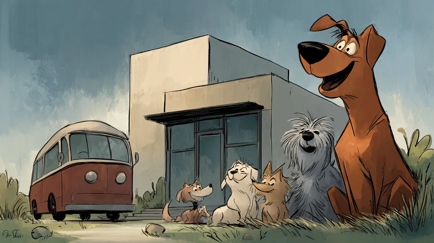 Ilustração de um hotel para cachorros com fachada moderna, onde vários cães animados estão reunidos na frente do prédio, ao lado de uma van vermelha, transmitindo um ambiente alegre e acolhedor.