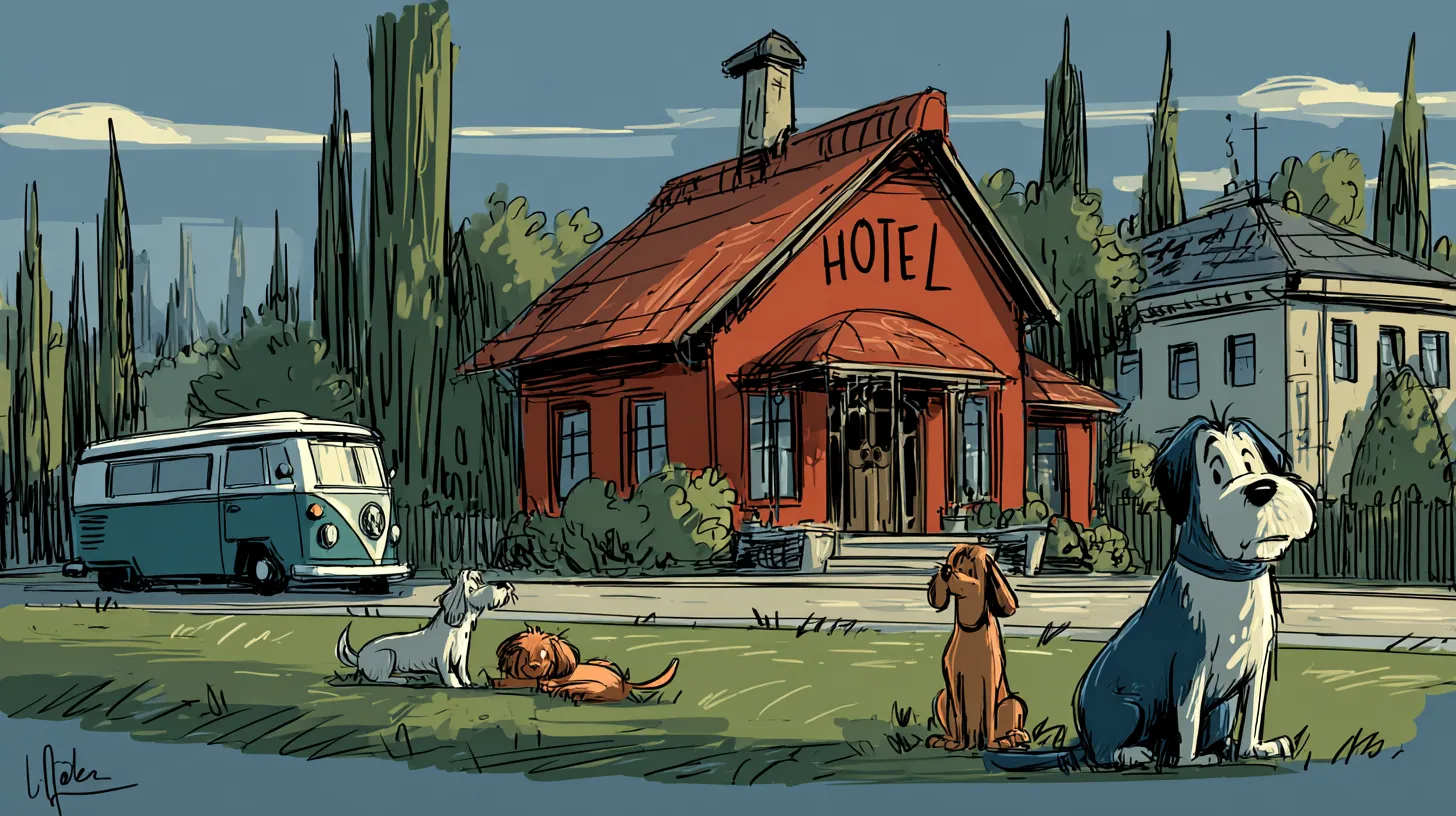 Ilustração de uma creche pra cachorro com estilo acolhedor, mostrando cães brincando em um gramado em frente a um prédio vermelho com a palavra "HOTEL" na fachada, cercado por árvores e uma kombi estacionada ao lado.
