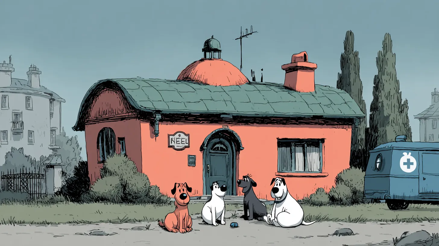 Quatro cães sentados em frente a uma creche canina com fachada laranja e teto verde, ao lado de uma ambulância veterinária azul