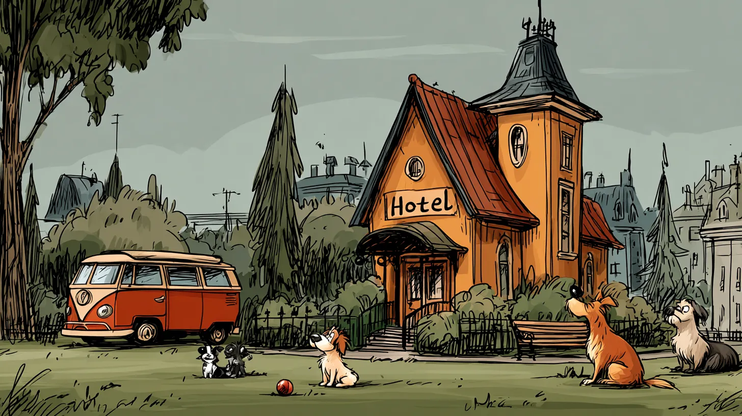 Ilustração de uma creche para cães em estilo acolhedor e lúdico, com fachada laranja e telhado inclinado. Vários cachorros estão brincando e descansando no gramado em frente ao prédio, ao lado de uma kombi vermelha estacionada. Ao fundo, árvores altas e construções urbanas compõem o cenário, criando uma atmosfera tranquila e amigável.