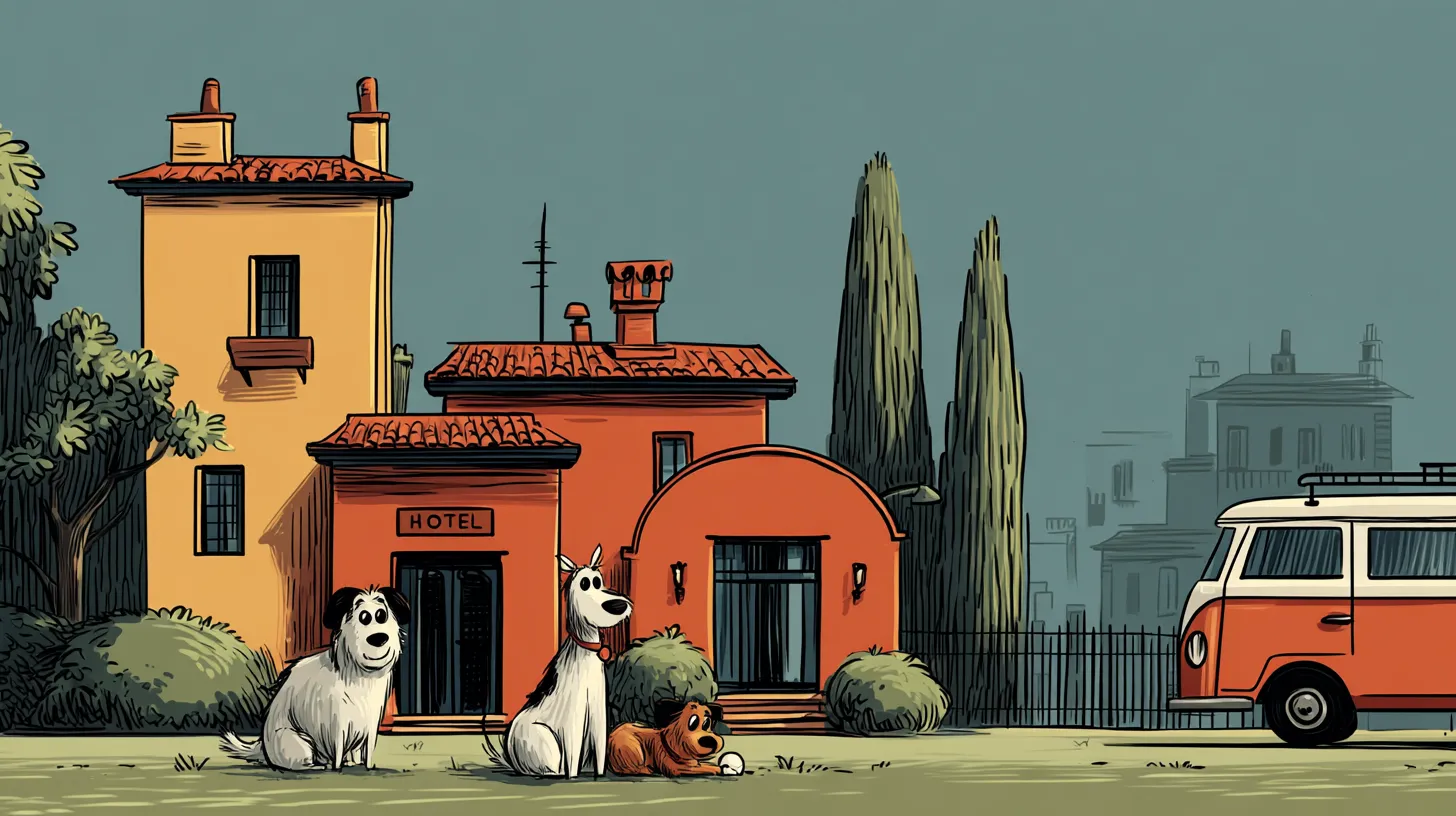 Ilustração de um hotel para cães com fachada em tons de laranja e amarelo, rodeado por árvores e arbustos. Três cachorros felizes descansam no gramado em frente ao prédio, enquanto uma kombi antiga vermelha e branca está estacionada ao lado.
